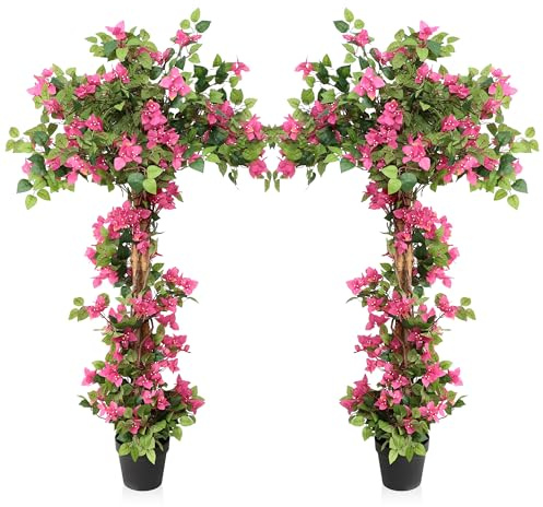 momoplant Artificial Bougainvillea Tree in Cement Pot 160cm/5.2ft, Faux Blossom Tree,Large Pink Fake Trees with Flowers for Front Porch Home House Office Outdoor Garden Decorative(2 PCS)