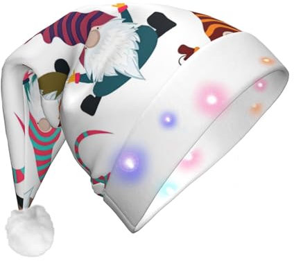 Weihnachtsmütze mit lustigem Zwergen-Druck, Unisex, LED-beleuchtet, Weihnachtsmannmütze, Plüschmütze für Erwachsene