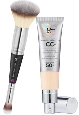 IT Cosmetics, Lot de 2 produits, Crème CC+ Anti-Âge Your Skin But Better, Haute Couvrance, Waterproof, Fini Naturel, 32 ml, Teinte Fair Light + Heavenly Luxe #7, Pinceau Double Embout