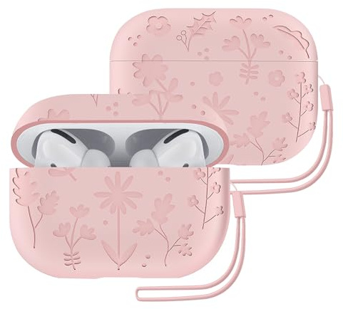 ECZOIL Flower Engraved Case Compatible with AirPods Pro 2nd/1st Generation,Soft Silicone Protective Case with Silicone Lanyard for AirPods Pro 2&1-Pink