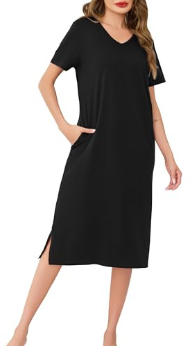 Wikoan Abiti Lunghi da Donna Camicie da Notte con Scollo a V Colori Solidi Abiti Lunghi a Maniche Corte con Tasche,Nero,M