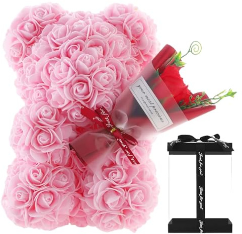 Oso Rosa Para Ella, Oso De Rosas Con Caja, Oso De Peluche Con Ramo De Flores, Oso De Peluche Hecho A Mano, Regalos Para Mujeres, Caja De Regalo Transparente De 10 Pulgadas, Regalo De Cumpleaños