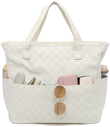 LEDAOU Stor strandväska med dragkedja för kvinnor, vattentät axelväska, bärväska, shopper, sandtät med dragkedja, pool, fitness, resväska, familj, Beige rutnät, 37 cm x 20 cm x 45 cm