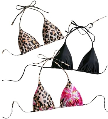 Verdusa Women's 3Pack Bikini Top Leopard Floral Halter String Triangle Swim Tops Beachwear Multicolor Small