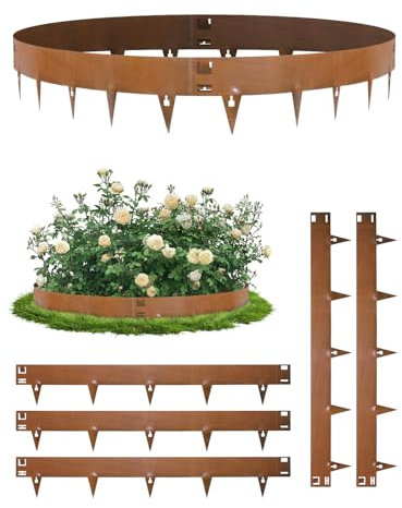 Sararoom 20cm Height Lawn Edging, 5 Pack Flexible Decorative Cor-Ten Steel Garden Edging Border, Maintenance-Free Landscape Edging, No-Dig Hammer-in Heavy Duty Lawn Edging Strip - Total Length 5.37m