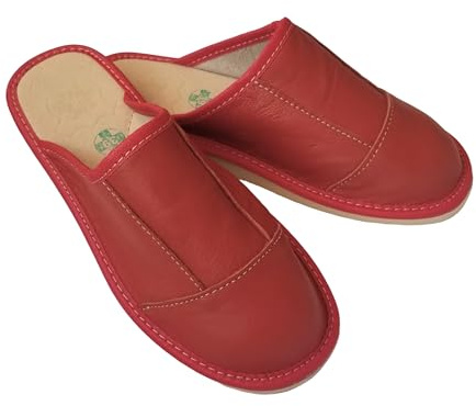 MARKA WYROBY WEŁNIANE - Pantofole da donna - Pantofole da donna chiuse - in vera pelle, con soletta in pelle, vestibilità comoda e ampia - Ciabatte traspiranti, Colore: rosso, 36 EU