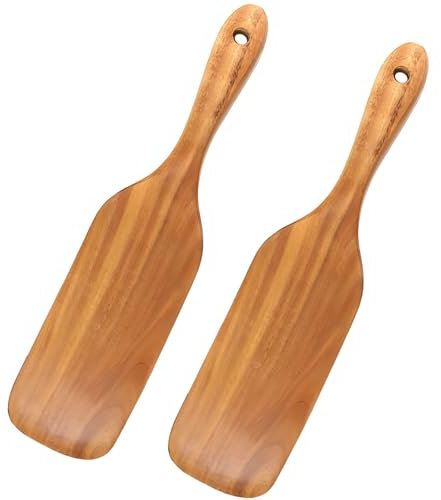 Juego de 2 espátulas de madera de teca, mango largo con agujeros para utensilios de cocina antiadherentes, incluye varios tamaños para cada necesidad de cocina