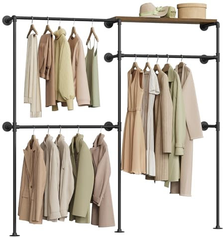 WOLTU Perchero de Pared, Armario Abierto, Perchero con Estante, Burro para Ropa, Barra de Colgar de Tubos Metálicos, Diseño Industrial y Vintage, Negro + Marrón Rústico