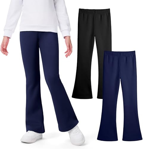 KEREDA Lot de 2 leggings thermiques pour fille - Pantalon évasé - Pantalon thermique doublé - Chaud - Avec polaire, noir/bleu marine, 134-140