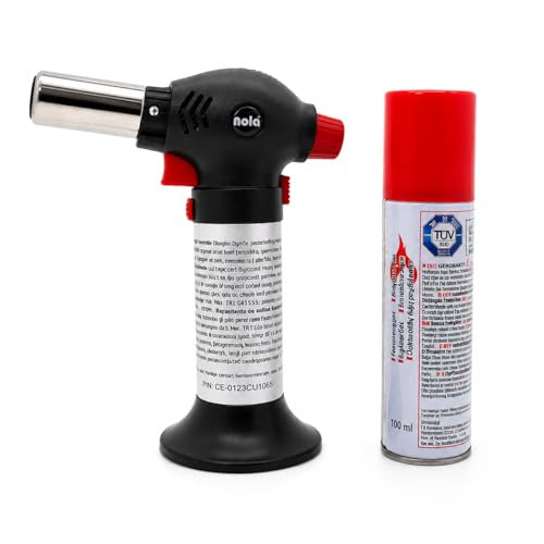 NOLA 863 Küchenbrenner mit Piezozündung & 100 ml Gas – Flambierbrenner Set für Crème Brûlée, BBQ & Küche – Nachfüllbar, regulierbare Flamme – Gasbrenner, Bunsenbrenner, Lötbrenner, Flambierer