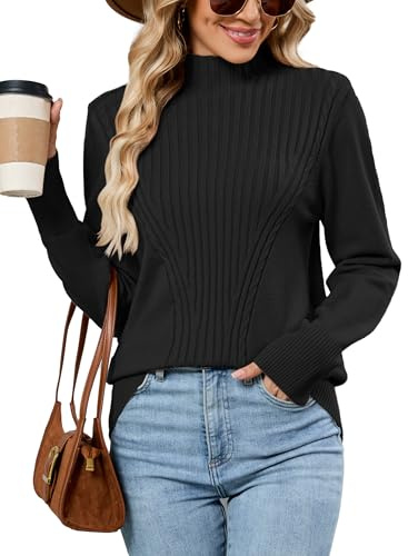 Famulily Long Sleeve Mock Neck Jumpers for Women UK, Autumn Winter Rib Knitted Ladies Soft Pullover Sweater