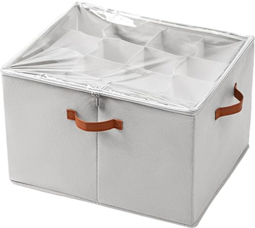 Creahaus Multipurpose Shoe Storage Box with Clear Lid, 16 Cells Shoe Box Organiser Containers with 3 Handles, Foldable Wardrobe Shoes Storage Boxes for Sandals, Kids Shoes, Clothes (Grey)
