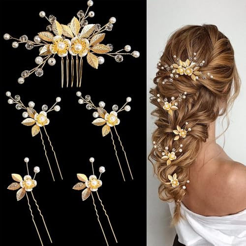 XFSRG 5 Piezas Accesorios Para El Cabello De Flores Horquillas para el Pelo Boda Peine Cabello de Novia Hojas Tiara Nupcial Accesorios para Hair Clips Mujer (Dorado)