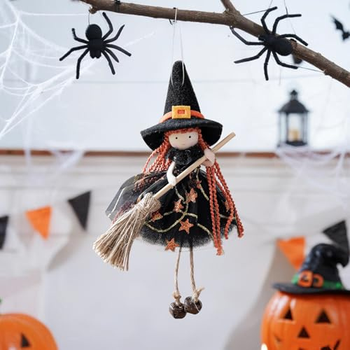 Halloween Hexen Anhänger, Halloween Deko Hängende Hexenpuppen Besen, Hexe Puppen Ornament, Gruselige Kleine Hexenfigur mit Gazerock, Küchenhexen Puppe für Fenster Garten Baum Terrasse Wand (F)