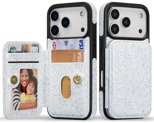 ZCDAYE för iPhone 17 Pro Max plånboksfodral med korthållare, PU-läder dubbelt magnetiskt spänne med kickstand trendigt flickigt damfodral för iPhone 17 Pro Max (6,9 tum) fodral, blå blomma