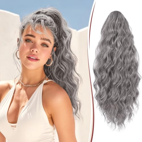 RUWISS Pferdeschwanz Verlängerung mit Klammer, 50 cm Lange Lockig Wellig Claw Clip in Ponytail Synthetik Haarteil Pferdeschwanz für Frauen, Grau