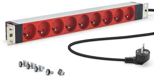 Bloc Multiprise 19 9 Prises Rouges Type E Françaises – Boîtier Aluminium Solide, Fixations Orientables, Câble 1,80 m, Protection Enfants – Rackable Baies Réseau