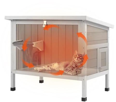 PetsCosset Insulated Cat House Outdoor Weatherproof Feral Cat Shelter for Winter, All-Round Foam Insulation Wooden Pet House for Outdoor Cat with Raised Base, Openable Roof (30.7L x 21.7W x 25.6H)