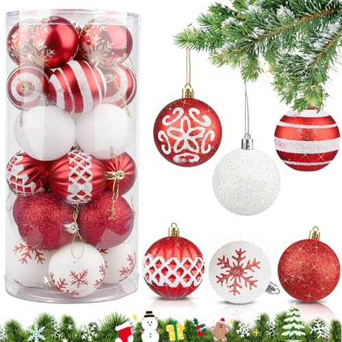 Huanmin Weihnachtskugeln, 24 Stücke Weihnachtskugeln Plastik, Christbaumkugeln Deko, Weihnachtsbaumschmuck Mit Glitzer,Christbaumschmuck für Party, Haus Dekoration Kreatives Thema Rot und Weiß