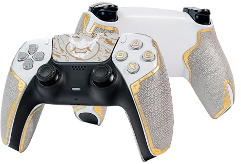 Kontrollgrepp för PS5 DualSense, hudkit, anti-glid, multitextur, svettabsorption, förskurna greppband, av SHADOW BOOLT (askgrå och guld, Guardian serie 2.0 för DualSense)
