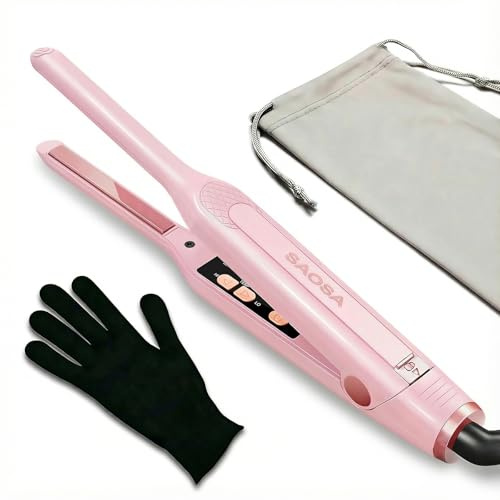 SAOSA Pencil Flat Iron for Short Hair, 3/10 Inch Mini Hair Straightener with 9 Temp Settings (190°F-430°F), Dual Voltage Mini Flat Iron for Pixie Cut, Bangs, Edges, Curling, Gift with Pouch & Glove