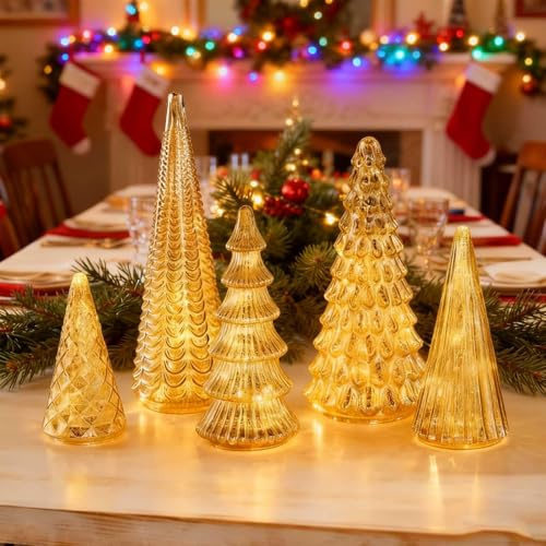 5er-Set Beleuchtete Weihnachtsbäume aus Quecksilberglas mit LED, Light up Mercury Glass Christmas Trees with Led, Goldfarbene Leuchtgläser bäume für Weihnachtsdeko, Tisch Weihnachtsbaum
