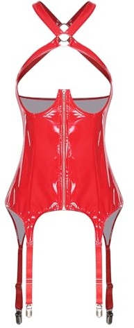 Agoky Dam wetlook korsett ouvert bh nackhållare crop top med dragkedja strumpband lack läder toppar rygglös punk gotisk muslintopp party klubbkläder, Röd A, XL