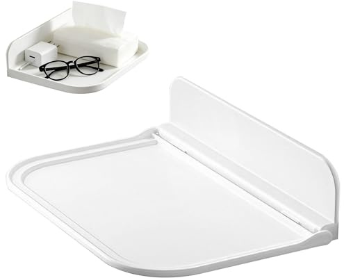 ANBOO 2Pcs Plastic Foldable Wall Shelf, Self Adhesive Stick On Shelf for Bathroom Kitchen Bedroom, Perforation-Free Floating Storage Shelves for Bedside & Small Spaces, White 18×11×7cm
