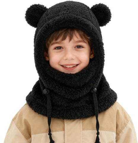 Cagoule Unisexe Garcon Fille 3-10 Ans Bonnet Enfant Hiver Chaud Laine Fine Epais Ski Modo Chat Mignon Cache Protection d'oreilles Écharpe Chapeau Cape Bob (FR/ES, Âge, 3 Ans, 10 Ans, Noir)
