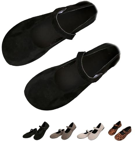 Ballerine ortopediche in camoscio Mary Jane da donna, comode ballerine con punta arrotondata, vestibilità larga, casual, senza lacci, con cinturino, Nero , 39.5 EU