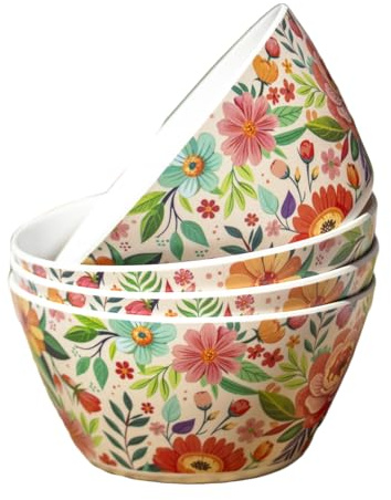 Darthome Set of 4 Melamine Floral Cereal Bowls, Multicoloured, Shatterproof, 14.5cm, for Picnic, BBQ, Outdoor Dining