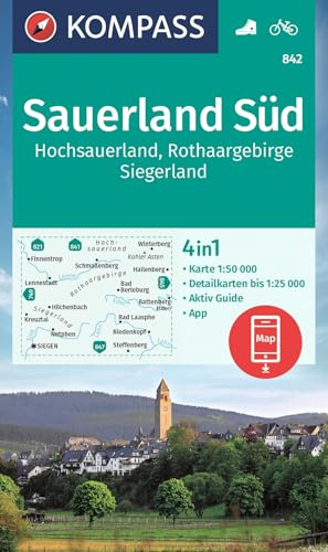 KOMPASS Wanderkarte 842 Sauerland Süd, Hochsauerland, Rothaargebirge, Siegerland 1:50.000: 4in1 Wanderkarte, mit Aktiv Guide und Detailkarten ... Verwendung in der KOMPASS-App. Fahrradfahren.