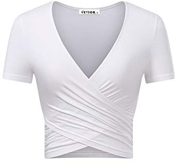 VETIOR White Tops for Women Deep V Neck Short Sleeve White Crop Top Wrap Going Out Tops for Women M White