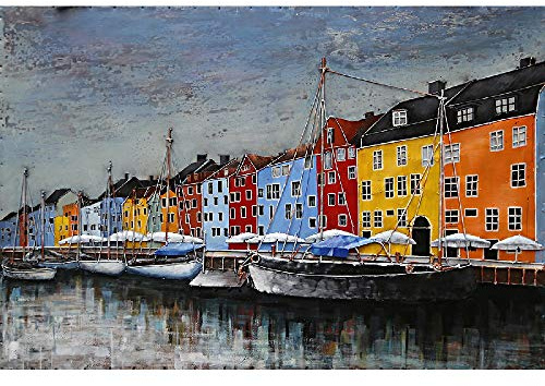 IDYL metallbild med 3D-effekt | modern konst | hamnatmosfär | ankarplats för båtar med färgade hus | 80 x 120 x 7 cm | Nr 1626