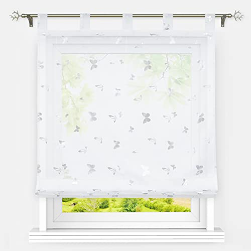 Heichkell Raffrollo mit Schlaufen Gardine Voile Moderne Raffgardine Transparent Kleinfenster Gardine Küche Glänzende Schmetterling-Dekomuster Weiß BxH 80x150 cm