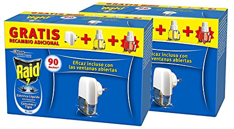 Raid ® Eléctrico Líquido 90 noches, Pack de 2 Uds - Enchufe anti mosquitos comunes y tigre con aplicador y 2 recambios de 45 noches