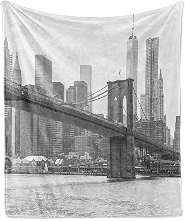 ABAKUHAUS Landschaft Weiche Kuscheldecke Sofadecke, Brooklyn Bridge USA, Gemütlicher Plüsch für den Innen- und Außenbereich, 175 x 230 cm, Grau weiß