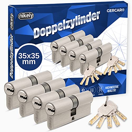 GERCAR - Set di 4 serrature a cilindro profilato con chiave unica, 70 mm, a doppio cilindro, 35/35, in ottone opaco massiccio, con 10 chiavi reversibili, lunghezza: 70 mm, A:35, B:35, set da 4 pezzi