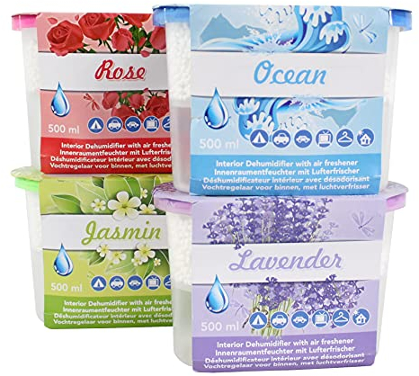 Luftentfeuchter 4 Stück Innenraumentfeuchter mit Lufterfrischer 500ml Granulat Raumentfeuchter Innen Entfeuchter Ocean Lavendel Rose Jasmin Erfrischer (Gemischt)