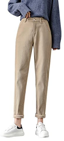 LAEMILIA Jean polaire à enfiler pour femme - Taille mi-haute - Pantalon chino chaud et thermique - Jean droit - Streetwear Y2K, kaki, 42