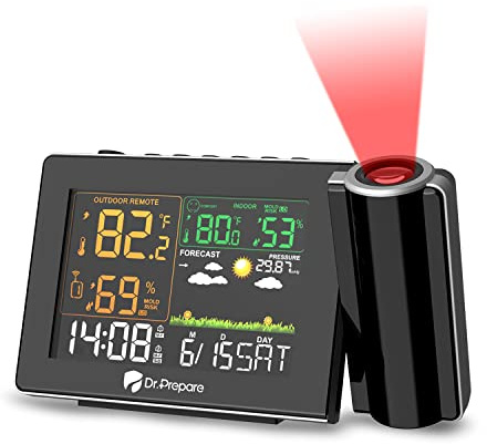 DR.PREPARE Projection Alarm Clock, Adjustable Projection Focus, Wireless Indoor Outdoor Temperature Humidity Monitor, 180° Projector, Snooze, Weather Forecast, Dual Alarms for Bedroom, Heavy Sleeper
