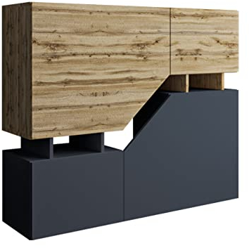 Kommode Nesezi mit 4 Türen, Anrichte, Highboard, Mehrzweckschrank, Diele & Flur, Sideboard, Wohnzimmerschrank, Wohnzimmer Set (Wotan/Anthrazit)