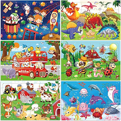 Wooden Jigsaw Puzzles for Kids 3-6 Year Old (6 Puzzle Set) 30 Piece Colorful Wooden Puzzles for Toddler Children Learning Educational Puzzles Toys for Boys and Girls