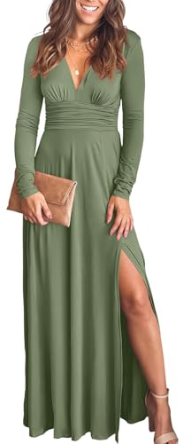 ANRABESS Women Deep V Neck Long Sleeve Slit 2025 Fall Elegant Formal Wedding Guest Cocktail Evening Date Prom Maxi Long Dress Green Large