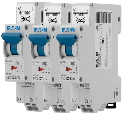 EATON 109131 PLGC4-C20/1N - DISJONCTEUR MODULAIRE PH/N - Blanc - MANETTE BLEUE - 1P+N / 20 A - COURBE C - Raccordement direct sans vis - 3 disjoncteurs