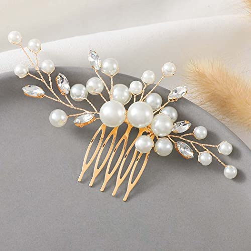 Latious Hochzeits-Perlen-Haarkamm, goldfarben, Strass, Braut-Haarspangen, Kristall-Haarteile, Zubehör für Frauen und Bräute (T-Gold)