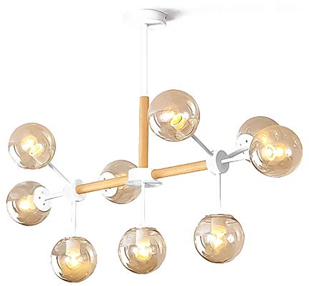 Atmosphère Éclairage de Luxe léger en Bois Massif, Lustre en Verre crème à Boule Simple Nordique E27, Salon Salle à Manger Ménage, Lustre à molécule de Haricot Magique créatif-Cognac 9 têtes