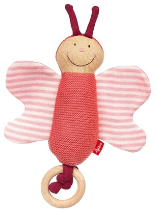 SIGIKID 39674 Strick-Greifling Schmetterling Knitted Love, Babyspielzeug aus Baumwollstrick mit Holzring und Rassel, zum Greifen, Hören und Spielen für Babys von 3-12 Monaten, Rosa, 16x20x5 cm