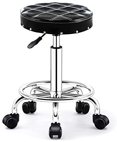 ZHOUXIAO Vintage Rolling Drehhocker mit Rädern und Dicker Sitz, Verstellbarer Höhe PU Leder Barhocker Office Shop Hocker mit Fußstütze Massage Spa Hocker Hairdressierungs Sal Black