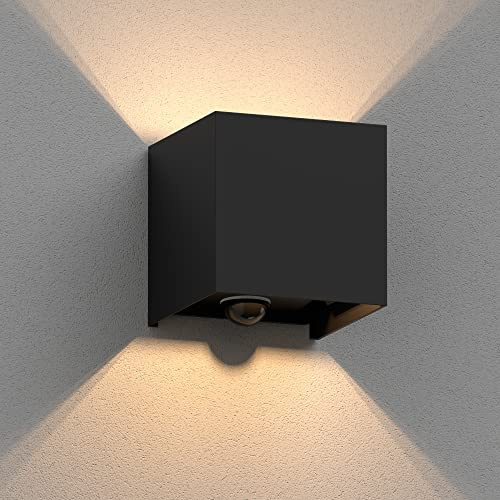 ledscom.de Wandleuchte CUBEL für außen, IP65, Up-/Downlight, Bewegungsmelder, schwarz matt, quadratisch, 1x G9 max. 10W